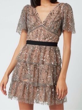 Self Portrait stunning silver sequin and nude tiered dress